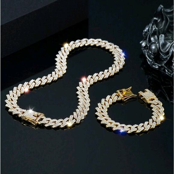 Diamond Cuban Link Necklace + Bracelet Bundle in Yellow Gold  18k Gold Plated & CZ Diamond Cuban Necklace Bracelet Christmas Birthday Gift NEW